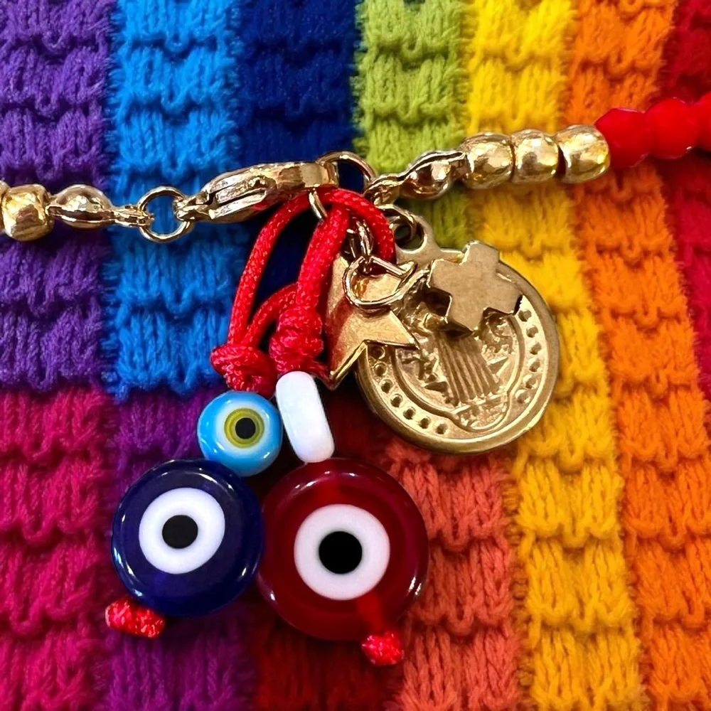 Vibrant Red Hand Beaded Rainbow and Evil Eye Protection Necklace 16”